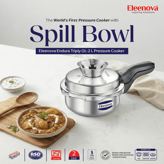 Eleenova Triply Pressure Cooker 2 L | World's First Pressure Cooker with Spill Bowl -Patent Applied | 5 Year Warranty | ISI Certified | Tri Ply Stainless Steel Body | Metallic Safety Plug | Food Safe Nitrile Gasket | Serves 2-3 People