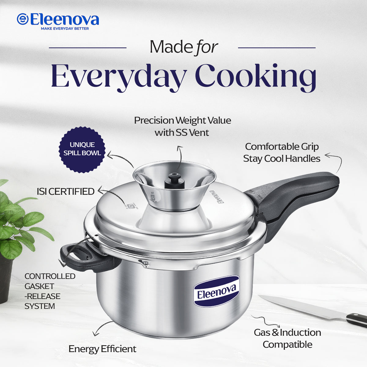 Eleenova Stainless Steel Pressure Cooker 5 L | World's First Pressure Cooker with Spill Bowl - Patent Applied | 5 Year Warranty | ISI Certified | High Quality Stainless Steel | Metallic Safety Plug| Food Safe Nitrile Gasket | Serves 4-6 People
