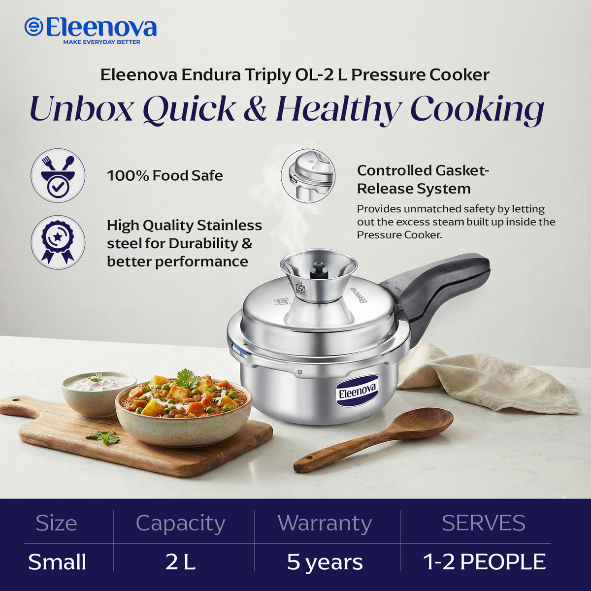 Eleenova Triply Pressure Cooker 2 L | World's First Pressure Cooker with Spill Bowl -Patent Applied | 5 Year Warranty | ISI Certified | Tri Ply Stainless Steel Body | Metallic Safety Plug | Food Safe Nitrile Gasket | Serves 2-3 People