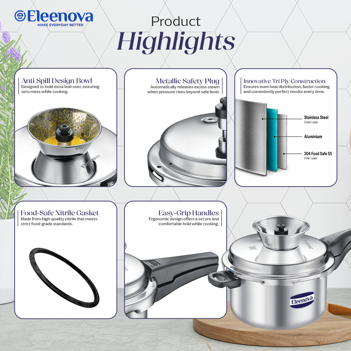 Eleenova Triply Pressure Cooker 5 L | World's First Pressure Cooker with Spill Bowl-Patent Applied | 5 Year Warranty | ISI Certified| Tri Ply Stainless Steel Body | Metallic Safety Plug| Food Safe Nitrile Gasket | Serves 4-6 People