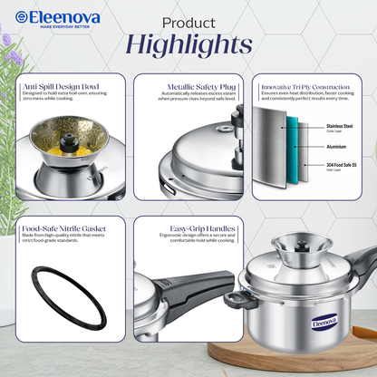 Eleenova Triply Pressure Cooker 5 L | World's First Pressure Cooker with Spill Bowl-Patent Applied | 5 Year Warranty | ISI Certified| Tri Ply Stainless Steel Body | Metallic Safety Plug| Food Safe Nitrile Gasket | Serves 4-6 People