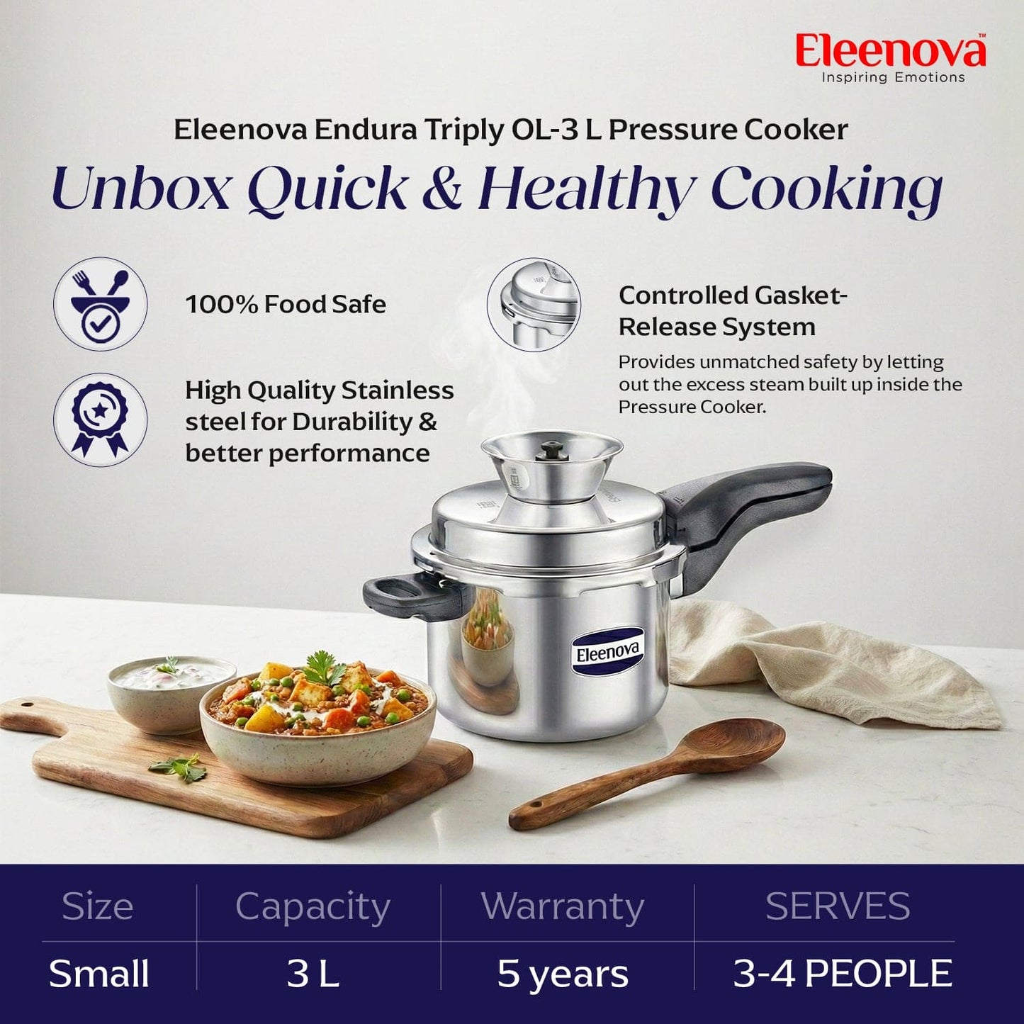 Eleenova Triply Pressure Cooker 3 L | World's First Pressure Cooker with Spill Bowl-Patent Applied  | 5 Year Warranty | ISI Certified | Tri Ply Stainless Steel Body | Metallic Safety Plug | Food Safe Nitrile Gasket | Serves 3-4 People