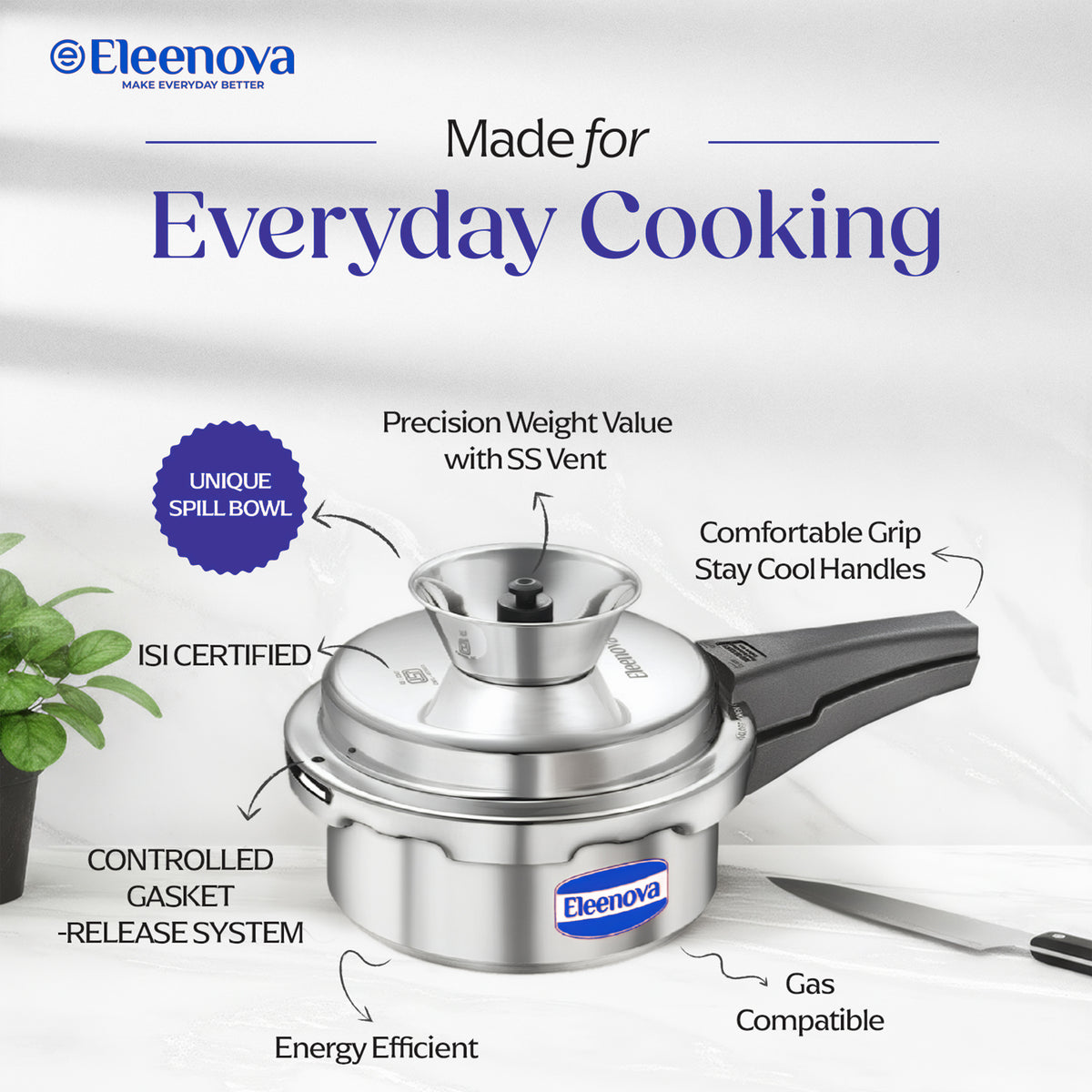 Eleenova Vintage Aluminium Pressure Cooker 2 L|World First Pressure Cooker with Spill Bowl - Patent Applied| Gas Stove Compatiable | 5 Year Warranty | Superior Quality Aluminium | ISI Certified | Food Safe Nitrile Gasket | Outer Lid -Alu 2 L