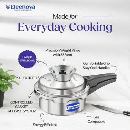 Eleenova Vintage Aluminium Pressure Cooker 2 L|World First Pressure Cooker with Spill Bowl - Patent Applied| Gas Stove Compatiable | 5 Year Warranty | Superior Quality Aluminium | ISI Certified | Food Safe Nitrile Gasket | Outer Lid -Alu 2 L