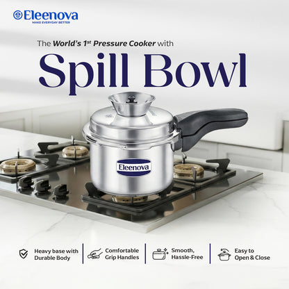 Eleenova Stainless Steel Pressure Cooker 3 L | World's First Pressure Cooker with Spill Bowl- Patent Applied | 5 Year Warranty | ISI Certified | High Quality Stainless Steel | Metallic Safety Plug | Food Safe Nitrile Gasket | Serves 3-4 People