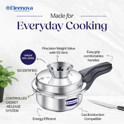 Eleenova Stainless Steel Pressure Cooker 2 L | World's First Pressure Cooker with Spill Bowl - Patent Applied | 5 Year Warranty | ISI Certified| High Quality Stainless Steel | Metallic Safety Plug | Food Safe Nitrile Gasket | Serves 2-3 People