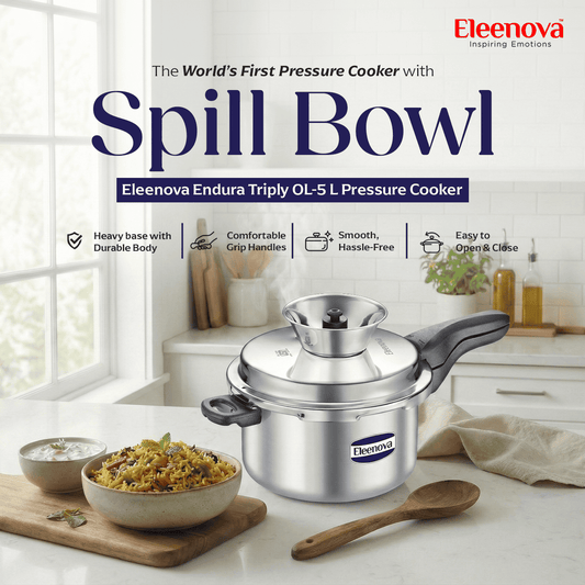 Eleenova Triply Pressure Cooker 5 L | World's First Pressure Cooker with Spill Bowl-Patent Applied | 5 Year Warranty | ISI Certified| Tri Ply Stainless Steel Body | Metallic Safety Plug| Food Safe Nitrile Gasket | Serves 4-6 People