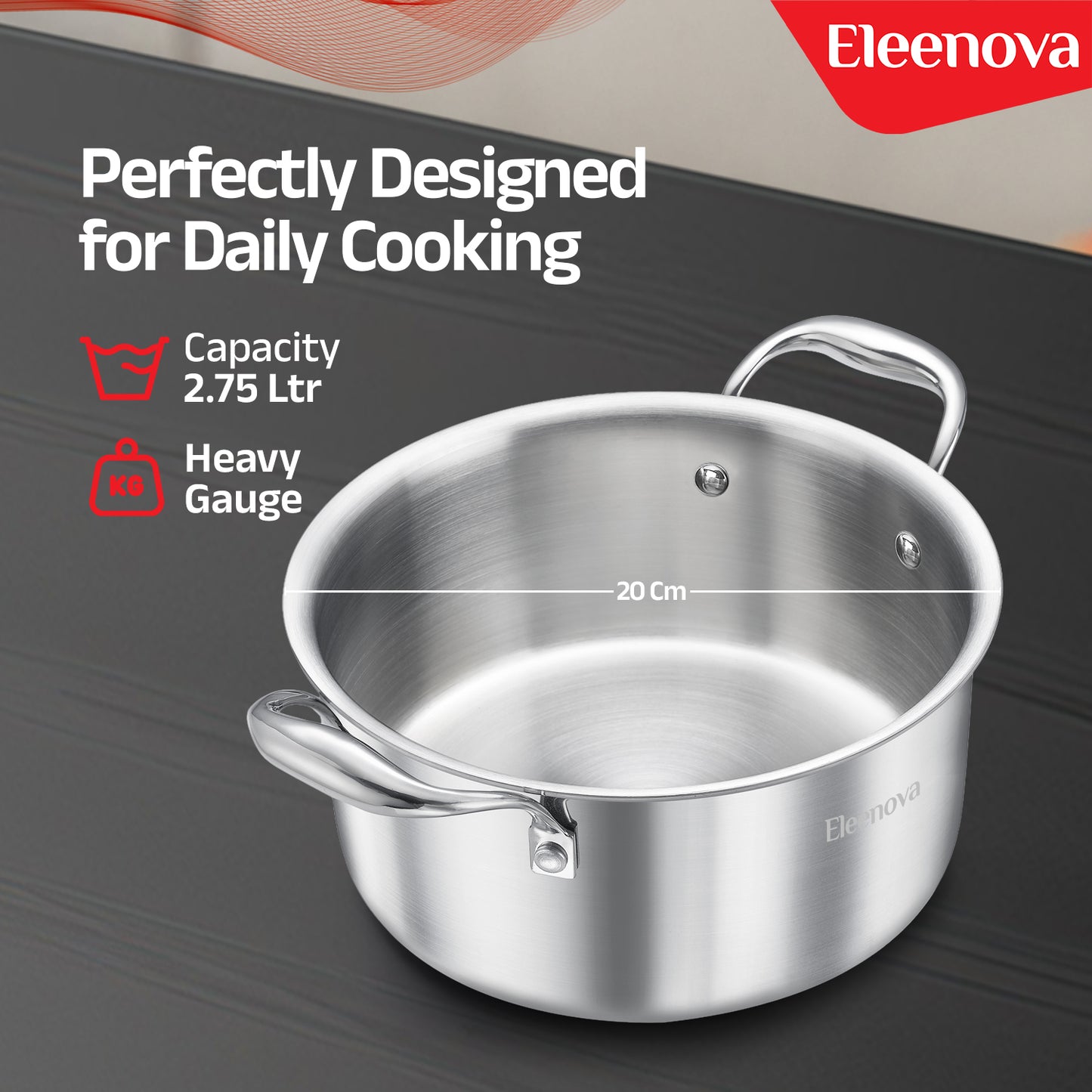 Eleenova Triply Stainless Steel Casserole with Lid, ISI Certified with Product Lifetime Warranty, Durable 3-Layer Body, 100% Toxin-Free & No Chemical Coating
