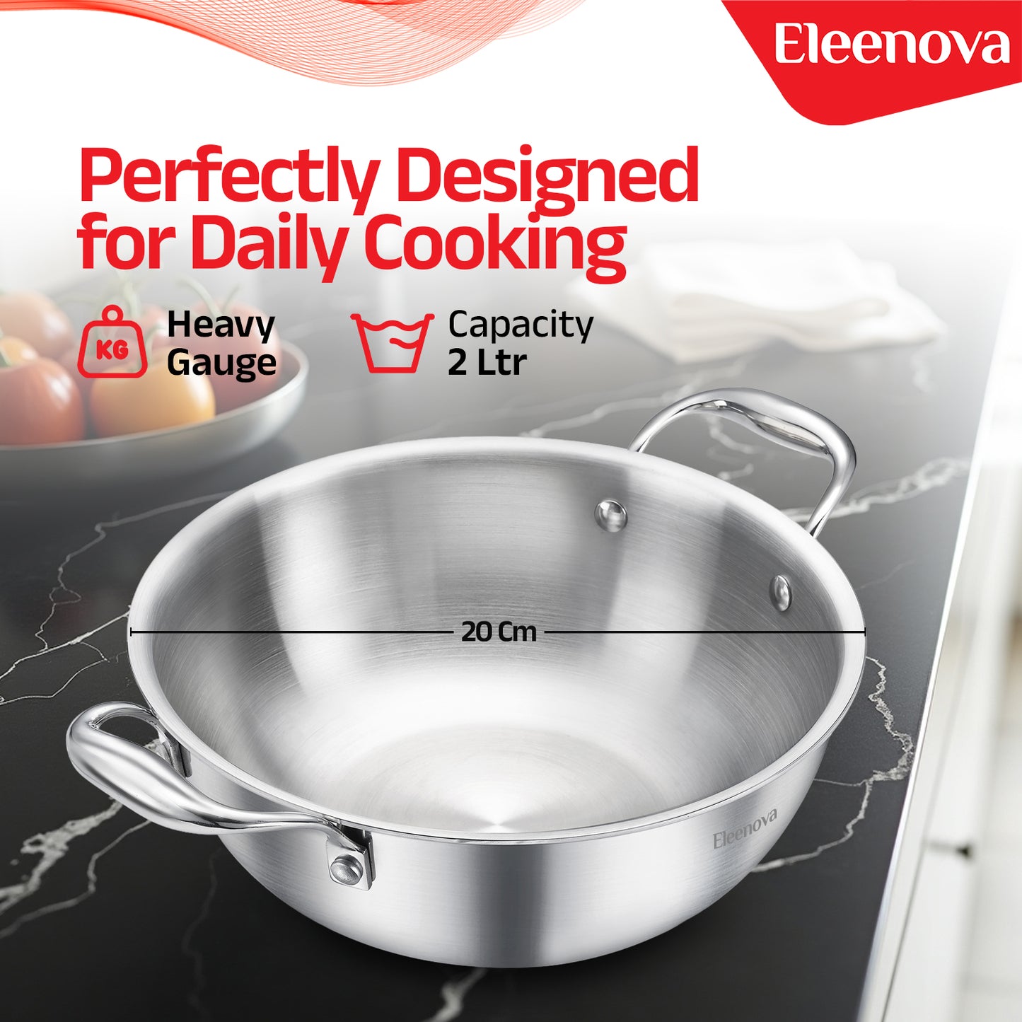 Eleenova Triply Stainless Steel Kadai/Kadhai with Lid, 2 Litres, 20cm/7.8 Inch, 1.24Kg, ISI Certified with Product Lifetime Warranty, Durable 3-Layer Body, 100% Toxin-Free & No Chemical Coating