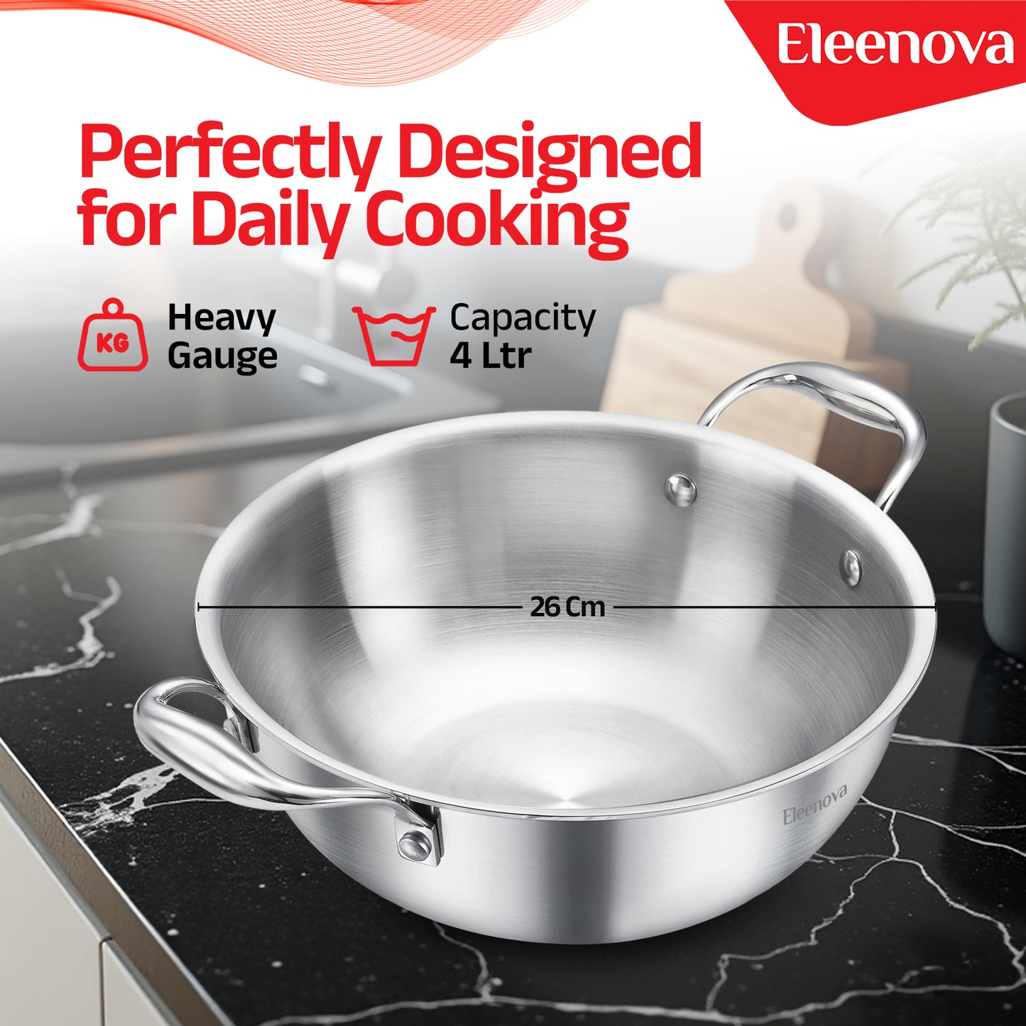 Eleenova Triply Stainless Steel Kadai/Kadhai with Lid, 4 Litres, 26cm/10.2 Inch, 1.83Kg, ISI Certified with Product Lifetime Warranty, Durable 3-Layer Body, 100% Toxin-Free & No Chemical Coating
