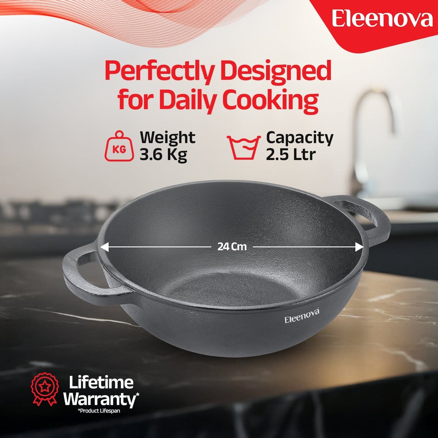 Eleenova Shakti Cast Iron Cookware - Kadai with Lid 24 cm