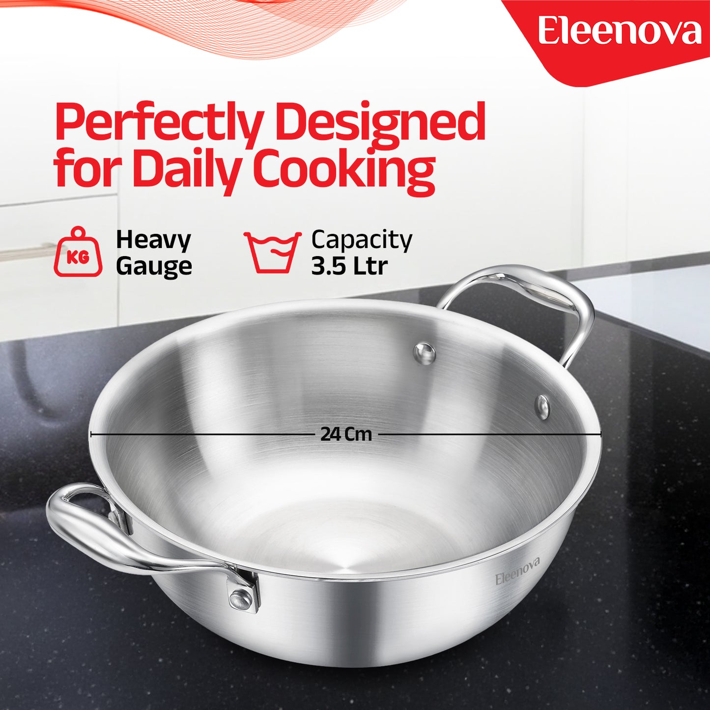 Eleenova Triply Stainless Steel Kadai/Kadhai with Lid, 3.5 Litres, 24cm/9.4 Inch, 1.61Kg, ISI Certified with Product Lifetime Warranty, Durable 3-Layer Body, 100% Toxin-Free & No Chemical Coating