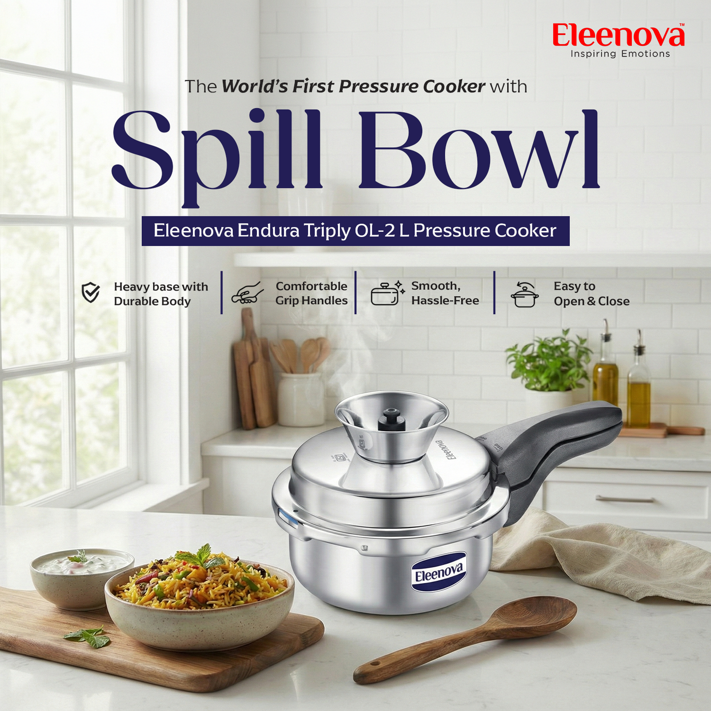 Eleenova Triply Pressure Cooker 2 L | World's First Pressure Cooker with Spill Bowl -Patent Applied | 5 Year Warranty | ISI Certified | Tri Ply Stainless Steel Body | Metallic Safety Plug | Food Safe Nitrile Gasket | Serves 2-3 People