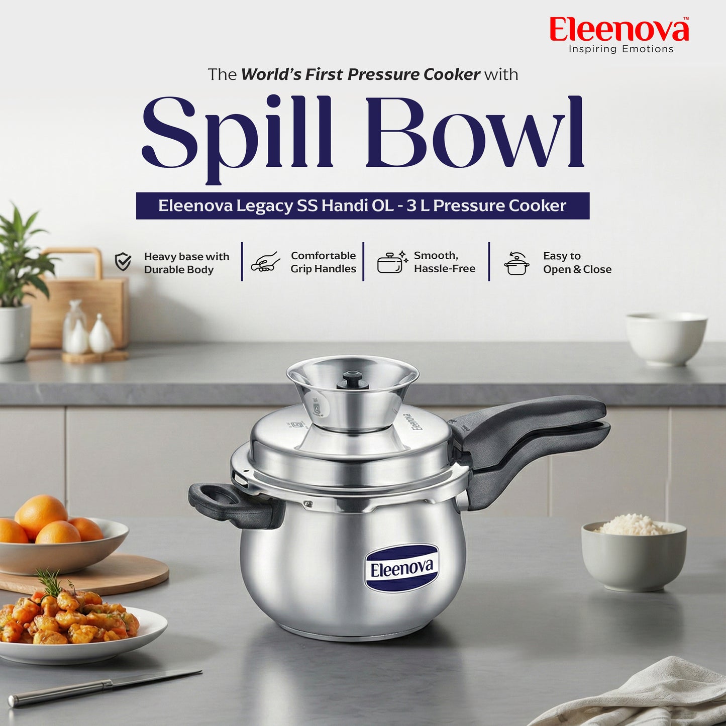 Eleenova Legacy Handi Pressure Cooker 3 L | World's First Pressure Cooker with Spill Bowl-Patent Applied | 5 Year Warranty | ISI Certified| Metallic Safety Plug | Food Safe Nitrile Gasket | Gas and induction Friendly | Serves 3-4 People