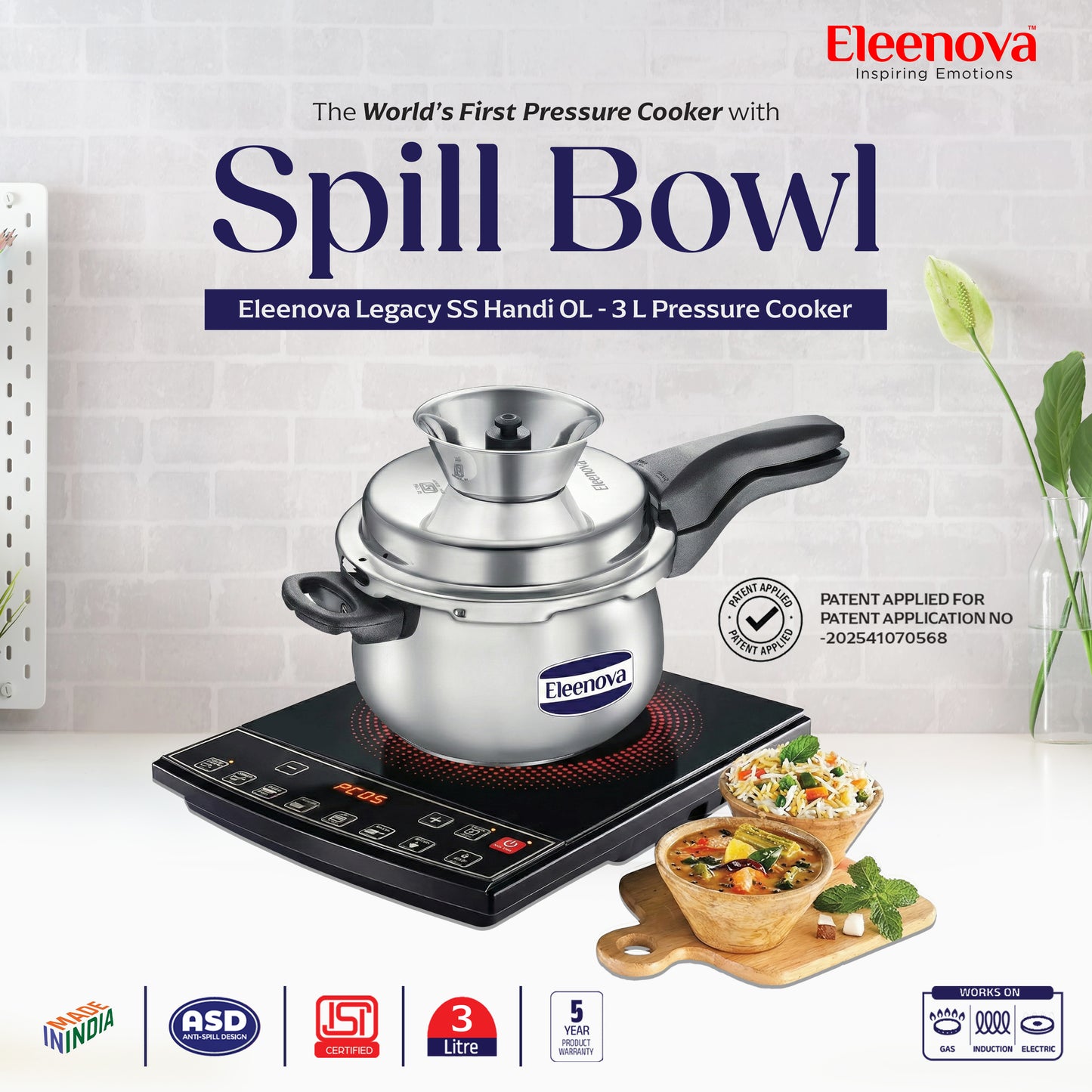 Eleenova Legacy Handi Pressure Cooker 3 L | World's First Pressure Cooker with Spill Bowl-Patent Applied | 5 Year Warranty | ISI Certified| Metallic Safety Plug | Food Safe Nitrile Gasket | Gas and induction Friendly | Serves 3-4 People