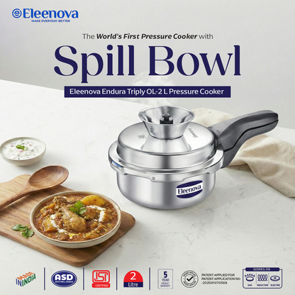 Eleenova Triply Pressure Cooker 2 L | World's First Pressure Cooker with Spill Bowl -Patent Applied | 5 Year Warranty | ISI Certified | Tri Ply Stainless Steel Body | Metallic Safety Plug | Food Safe Nitrile Gasket | Serves 2-3 People