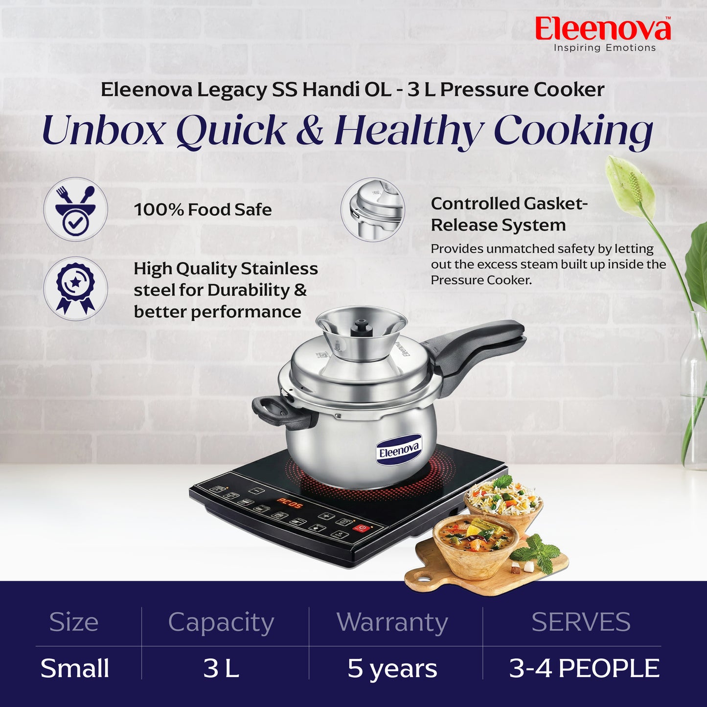 Eleenova Legacy Handi Pressure Cooker 3 L | World's First Pressure Cooker with Spill Bowl-Patent Applied | 5 Year Warranty | ISI Certified| Metallic Safety Plug | Food Safe Nitrile Gasket | Gas and induction Friendly | Serves 3-4 People