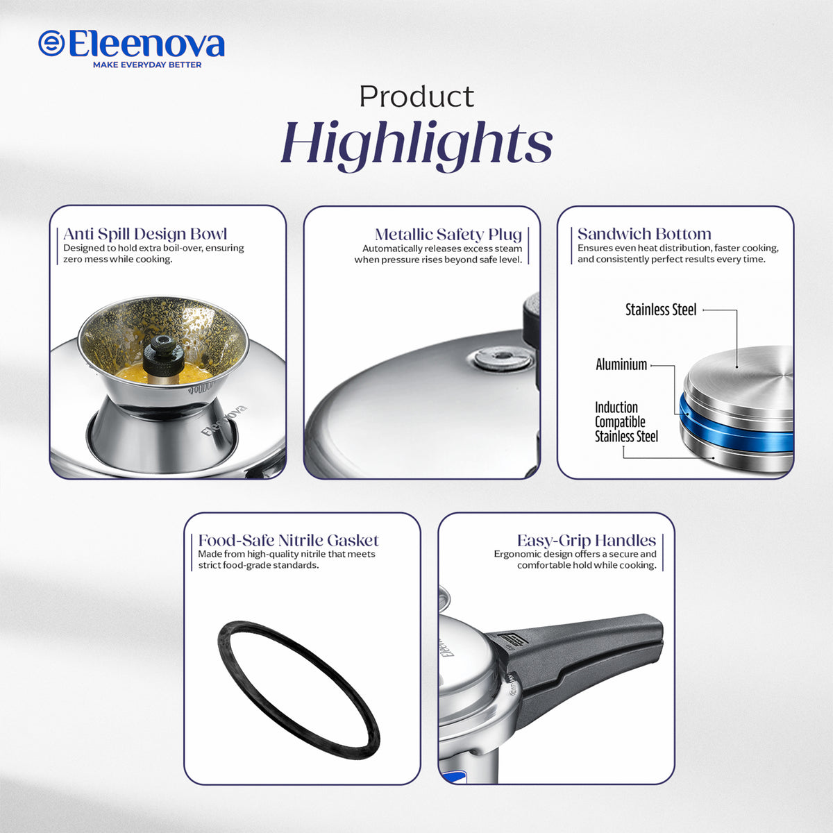 Eleenova Stainless Steel Pressure Cooker 2 L | World's First Pressure Cooker with Spill Bowl - Patent Applied | 5 Year Warranty | ISI Certified| High Quality Stainless Steel | Metallic Safety Plug | Food Safe Nitrile Gasket | Serves 2-3 People