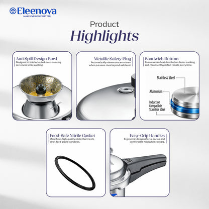 Eleenova Stainless Steel Pressure Cooker 2 L | World's First Pressure Cooker with Spill Bowl - Patent Applied | 5 Year Warranty | ISI Certified| High Quality Stainless Steel | Metallic Safety Plug | Food Safe Nitrile Gasket | Serves 2-3 People