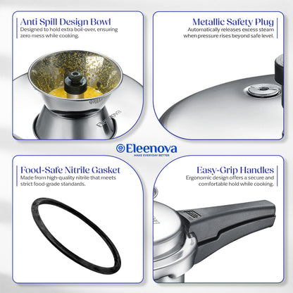 Eleenova Vintage  Pressure Cooker Aluminium 5 L | World's First Pressure Cooker with Spill Bowl-- Patent Applied | 5 Year Warranty | ISI Certified | Patented Applied | Superior Quality Aluminium | Food Safe Nitrile Gasket | Serves 4-6 People