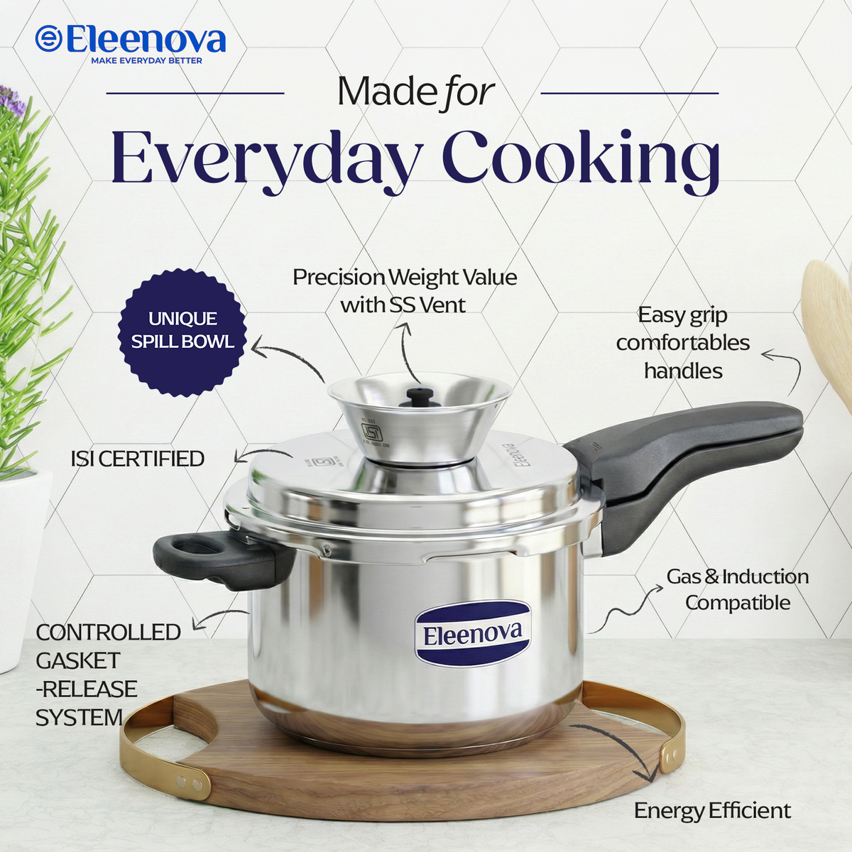 Eleenova Triply Pressure Cooker 5 L | World's First Pressure Cooker with Spill Bowl-Patent Applied | 5 Year Warranty | ISI Certified| Tri Ply Stainless Steel Body | Metallic Safety Plug| Food Safe Nitrile Gasket | Serves 4-6 People