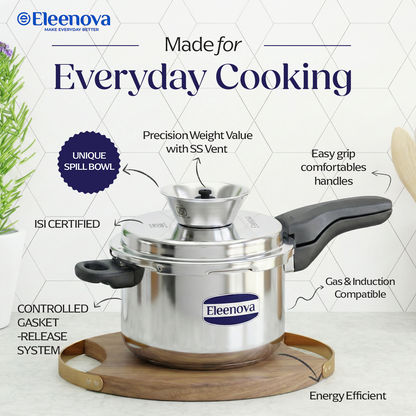 Eleenova Triply Pressure Cooker 5 L | World's First Pressure Cooker with Spill Bowl-Patent Applied | 5 Year Warranty | ISI Certified| Tri Ply Stainless Steel Body | Metallic Safety Plug| Food Safe Nitrile Gasket | Serves 4-6 People