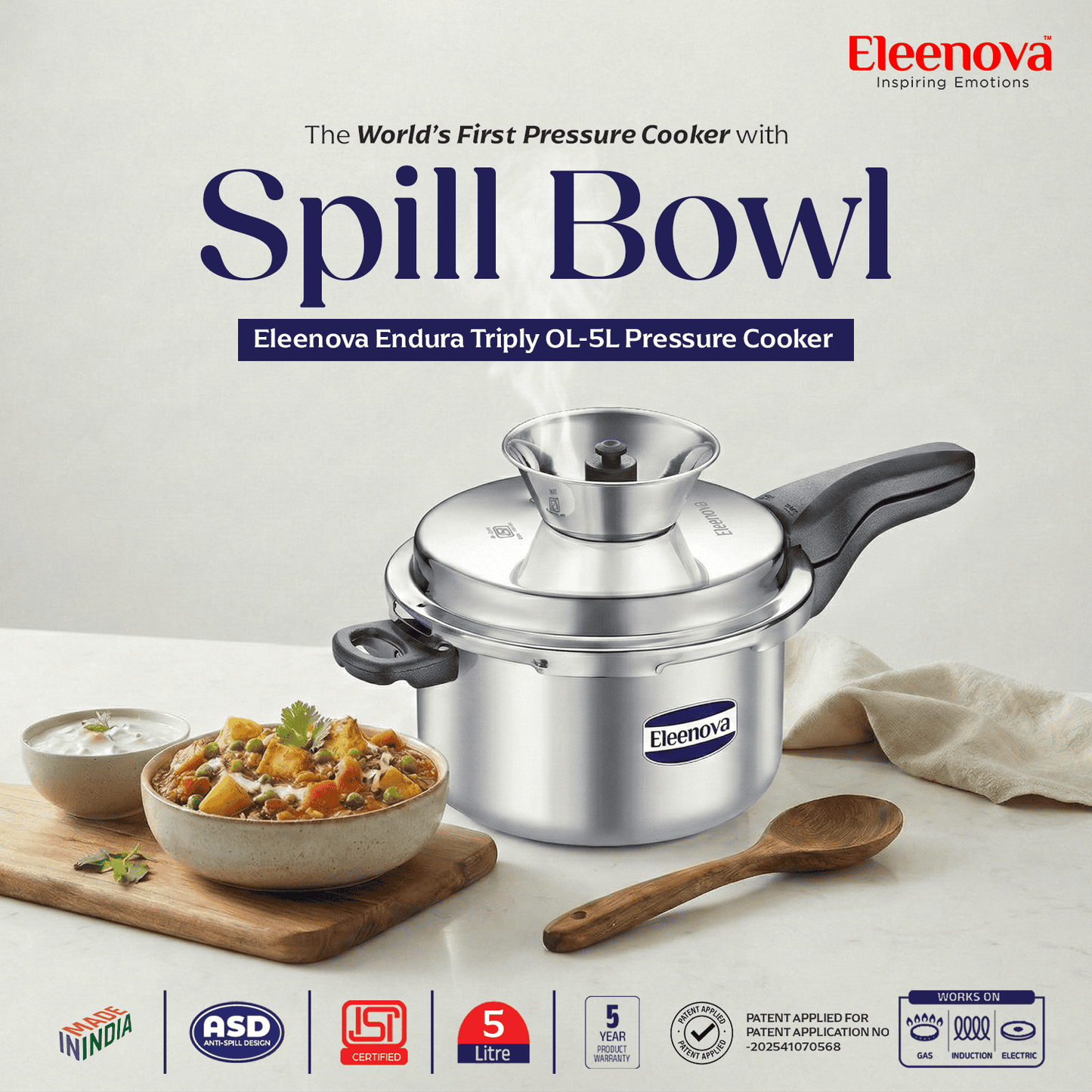 Eleenova Triply Pressure Cooker 5 L | World's First Pressure Cooker with Spill Bowl-Patent Applied | 5 Year Warranty | ISI Certified| Tri Ply Stainless Steel Body | Metallic Safety Plug| Food Safe Nitrile Gasket | Serves 4-6 People