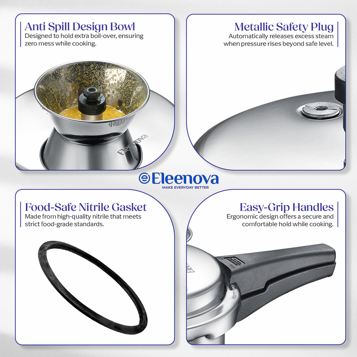 Eleenova Vintage Aluminium Pressure Cooker 2 L|World First Pressure Cooker with Spill Bowl - Patent Applied| Gas Stove Compatiable | 5 Year Warranty | Superior Quality Aluminium | ISI Certified | Food Safe Nitrile Gasket | Outer Lid -Alu 2 L