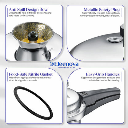 Eleenova Vintage Aluminium Pressure Cooker 2 L|World First Pressure Cooker with Spill Bowl - Patent Applied| Gas Stove Compatiable | 5 Year Warranty | Superior Quality Aluminium | ISI Certified | Food Safe Nitrile Gasket | Outer Lid -Alu 2 L