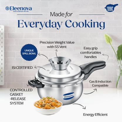 Eleenova Legacy Handi Pressure Cooker 3 L | World's First Pressure Cooker with Spill Bowl-Patent Applied | 5 Year Warranty | ISI Certified| Metallic Safety Plug | Food Safe Nitrile Gasket | Gas and induction Friendly | Serves 3-4 People
