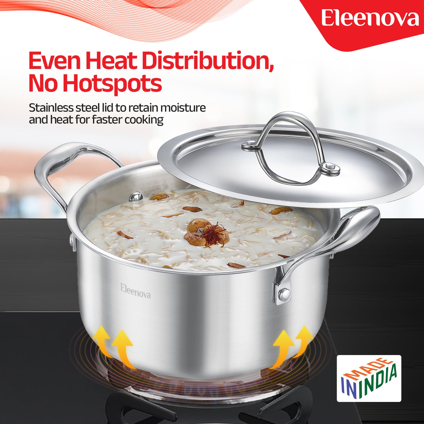 Eleenova Triply Stainless Steel Casserole with Lid, ISI Certified with Product Lifetime Warranty, Durable 3-Layer Body, 100% Toxin-Free & No Chemical Coating