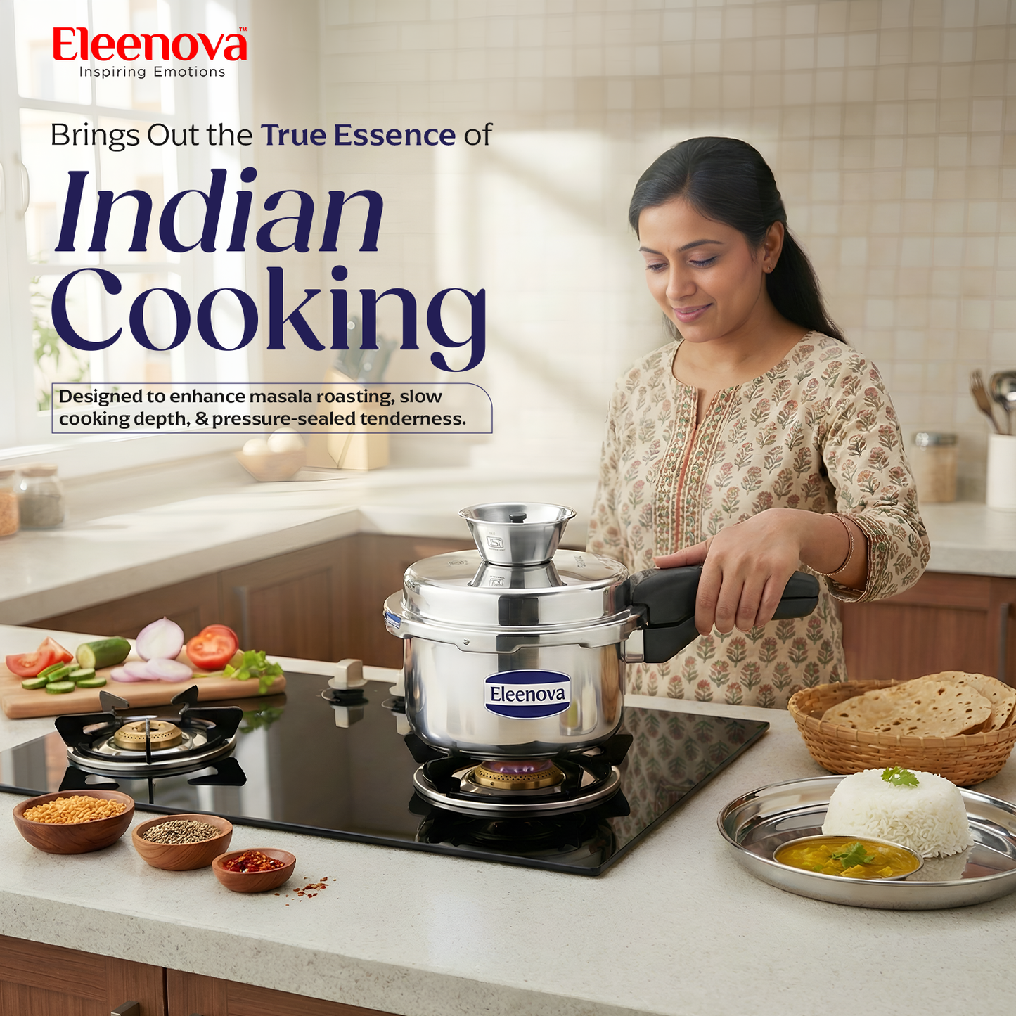 Eleenova Triply Pressure Cooker 2 L | World's First Pressure Cooker with Spill Bowl -Patent Applied | 5 Year Warranty | ISI Certified | Tri Ply Stainless Steel Body | Metallic Safety Plug | Food Safe Nitrile Gasket | Serves 2-3 People