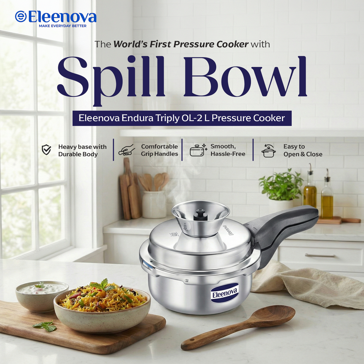 Eleenova Triply Pressure Cooker 2 L | World's First Pressure Cooker with Spill Bowl -Patent Applied | 5 Year Warranty | ISI Certified | Tri Ply Stainless Steel Body | Metallic Safety Plug | Food Safe Nitrile Gasket | Serves 2-3 People