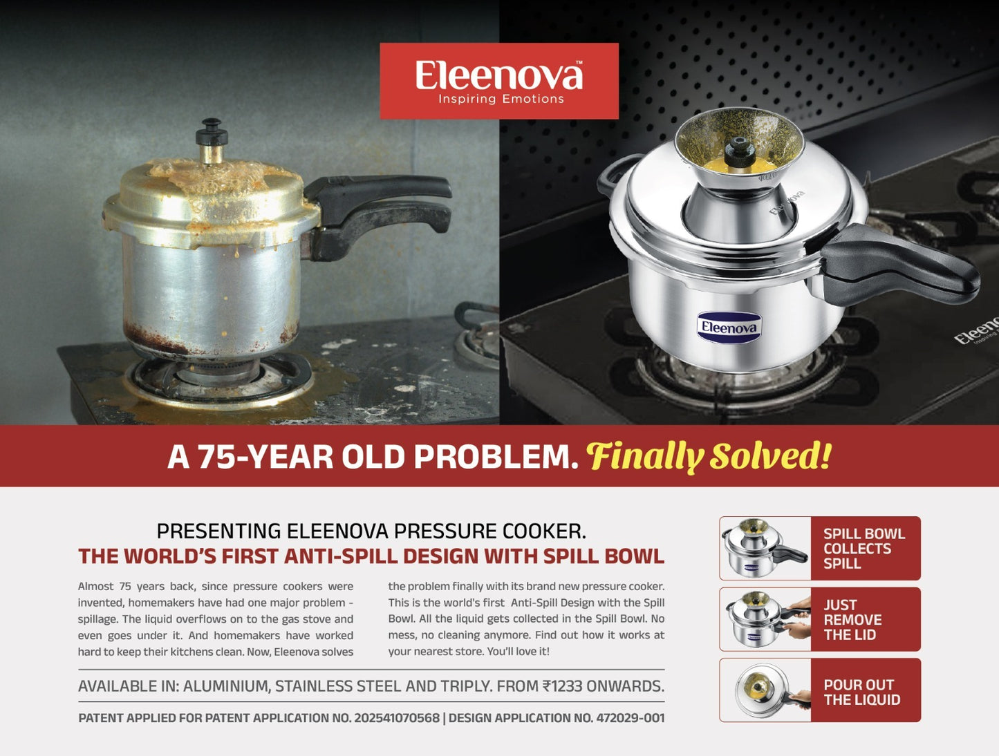 Eleenova Triply Pressure Cooker 2 L | World's First Pressure Cooker with Spill Bowl -Patent Applied | 5 Year Warranty | ISI Certified | Tri Ply Stainless Steel Body | Metallic Safety Plug | Food Safe Nitrile Gasket | Serves 2-3 People