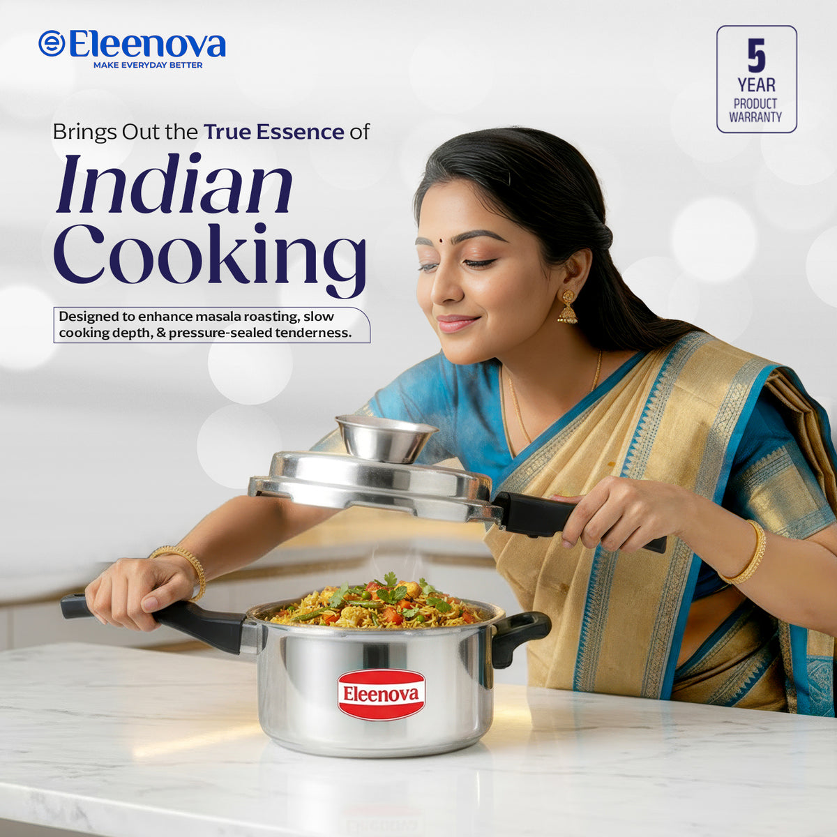 Eleenova Stainless Steel Pressure Cooker 5 L | World's First Pressure Cooker with Spill Bowl - Patent Applied | 5 Year Warranty | ISI Certified | High Quality Stainless Steel | Metallic Safety Plug| Food Safe Nitrile Gasket | Serves 4-6 People