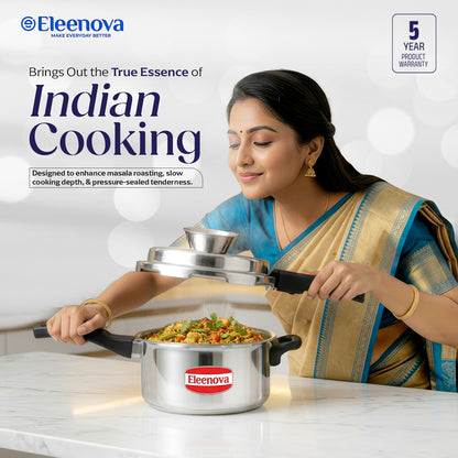Eleenova Stainless Steel Pressure Cooker 5 L | World's First Pressure Cooker with Spill Bowl - Patent Applied | 5 Year Warranty | ISI Certified | High Quality Stainless Steel | Metallic Safety Plug| Food Safe Nitrile Gasket | Serves 4-6 People
