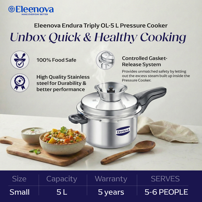 Eleenova Triply Pressure Cooker 5 L | World's First Pressure Cooker with Spill Bowl-Patent Applied | 5 Year Warranty | ISI Certified| Tri Ply Stainless Steel Body | Metallic Safety Plug| Food Safe Nitrile Gasket | Serves 4-6 People