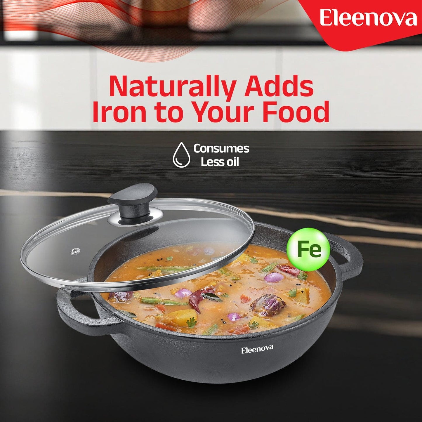 Eleenova Shakti Cast Iron Cookware - Kadai with Lid 24 cm