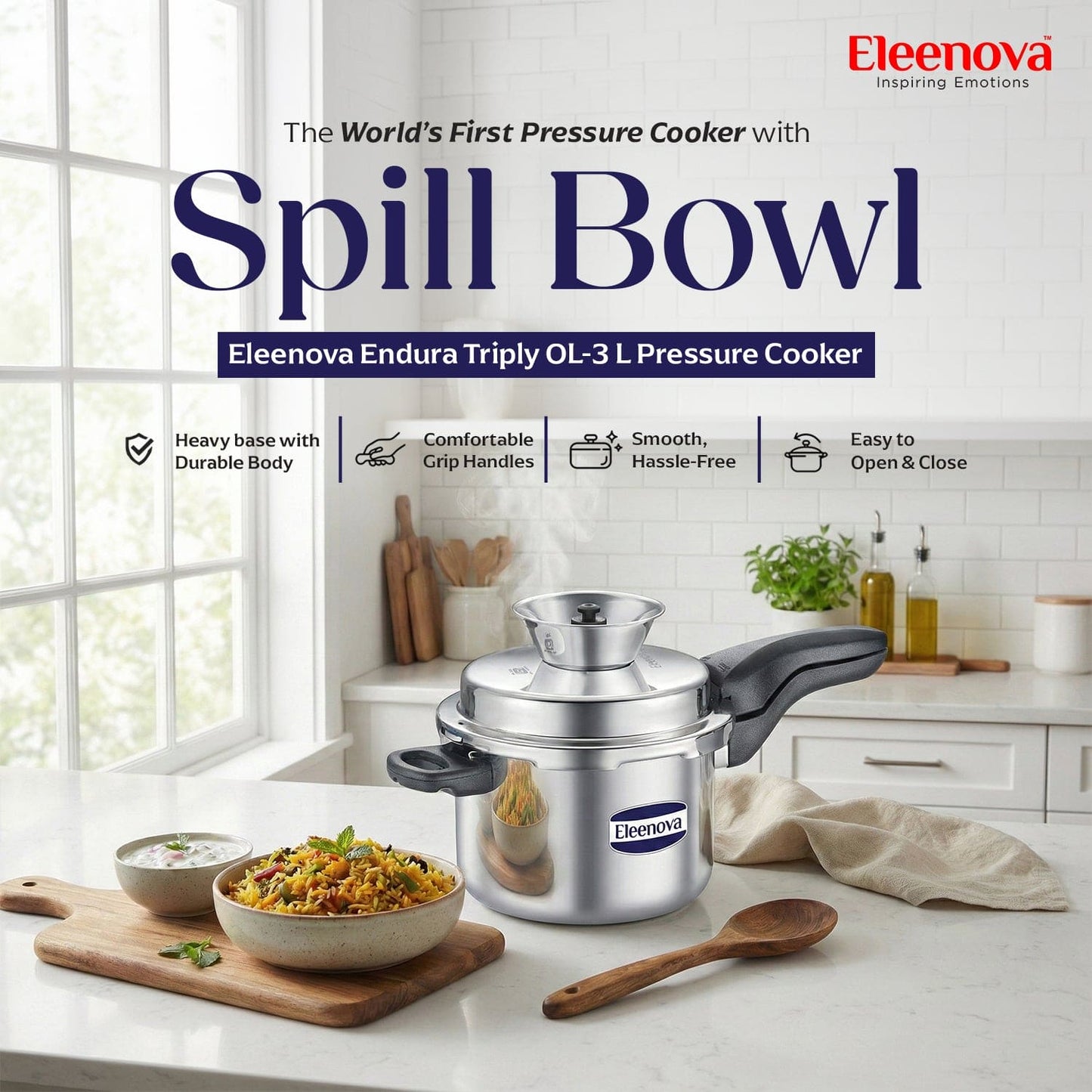 Eleenova Triply Pressure Cooker 3 L | World's First Pressure Cooker with Spill Bowl-Patent Applied  | 5 Year Warranty | ISI Certified | Tri Ply Stainless Steel Body | Metallic Safety Plug | Food Safe Nitrile Gasket | Serves 3-4 People