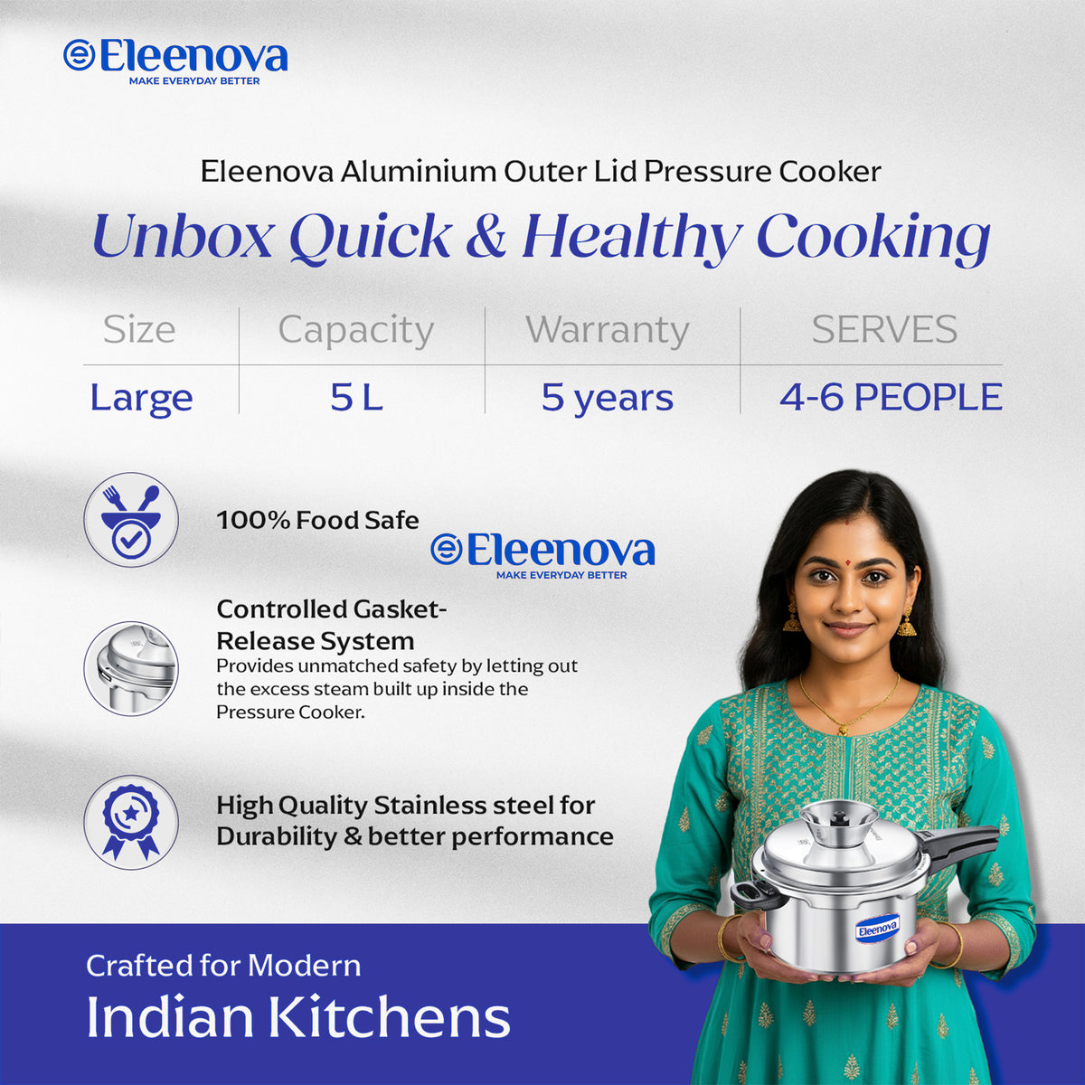 Eleenova Vintage  Pressure Cooker Aluminium 5 L | World's First Pressure Cooker with Spill Bowl-- Patent Applied | 5 Year Warranty | ISI Certified | Patented Applied | Superior Quality Aluminium | Food Safe Nitrile Gasket | Serves 4-6 People