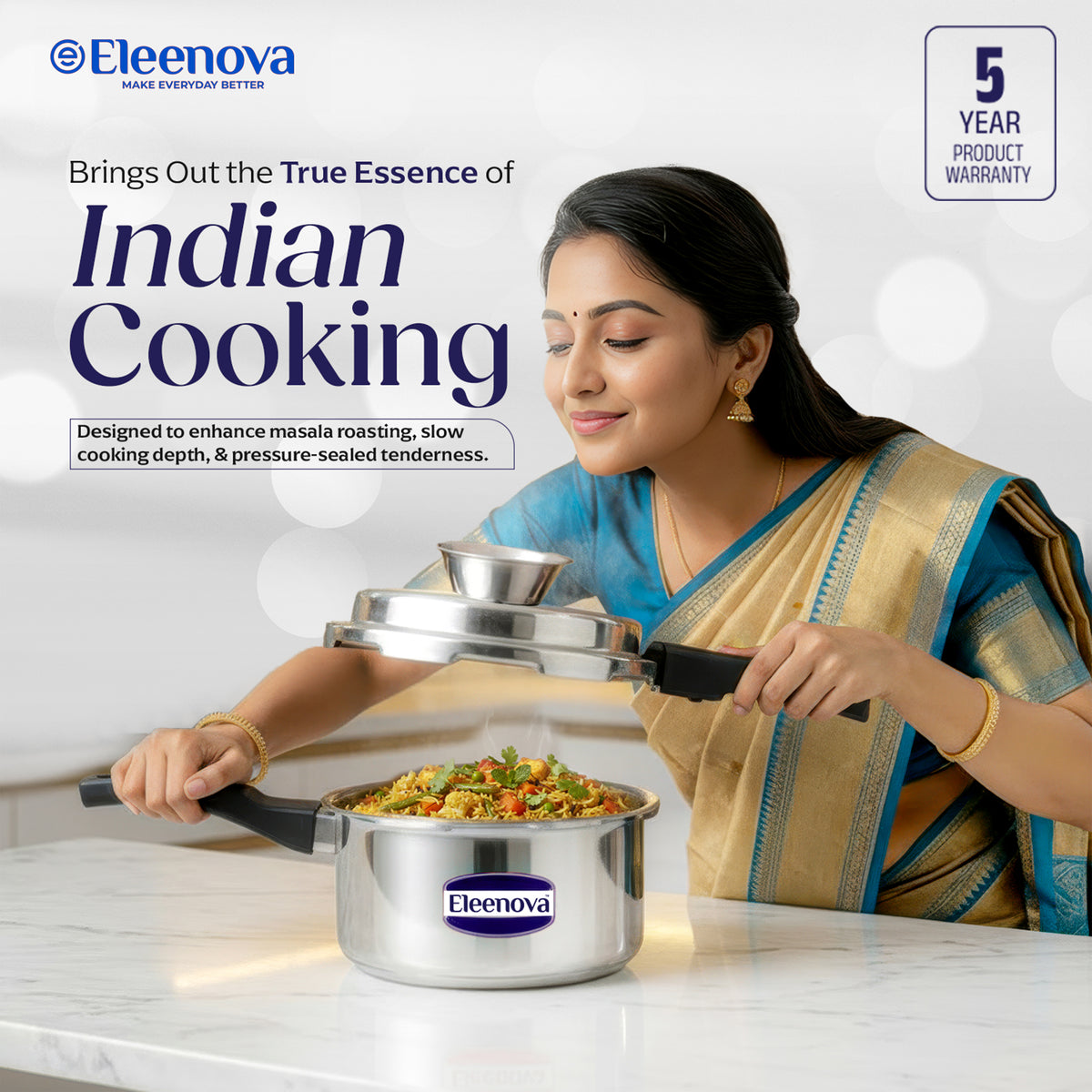 Eleenova Stainless Steel Pressure Cooker 2 L | World's First Pressure Cooker with Spill Bowl - Patent Applied | 5 Year Warranty | ISI Certified| High Quality Stainless Steel | Metallic Safety Plug | Food Safe Nitrile Gasket | Serves 2-3 People