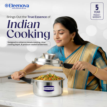 Eleenova Stainless Steel Pressure Cooker 2 L | World's First Pressure Cooker with Spill Bowl - Patent Applied | 5 Year Warranty | ISI Certified| High Quality Stainless Steel | Metallic Safety Plug | Food Safe Nitrile Gasket | Serves 2-3 People