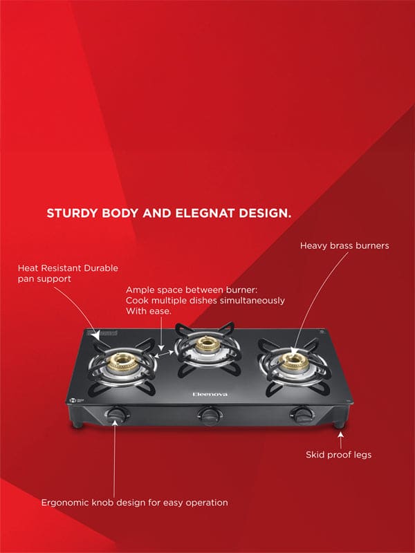 Reflex Glasstop Gas Stove With 3 Brass Burners