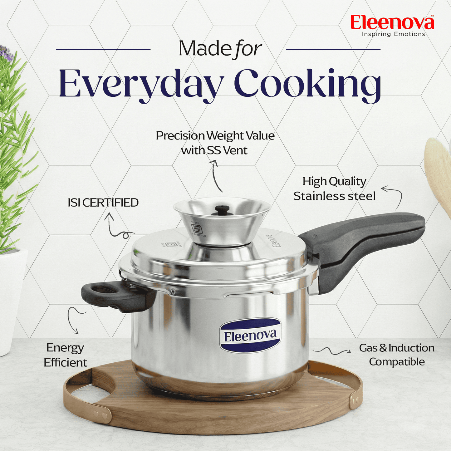 Eleenova Triply Pressure Cooker 5 L | World's First Pressure Cooker with Spill Bowl-Patent Applied | 5 Year Warranty | ISI Certified| Tri Ply Stainless Steel Body | Metallic Safety Plug| Food Safe Nitrile Gasket | Serves 4-6 People