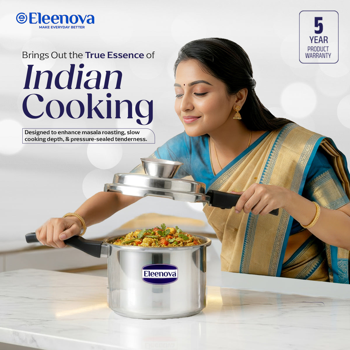 Eleenova Stainless Steel Pressure Cooker 3 L | World's First Pressure Cooker with Spill Bowl- Patent Applied | 5 Year Warranty | ISI Certified | High Quality Stainless Steel | Metallic Safety Plug | Food Safe Nitrile Gasket | Serves 3-4 People