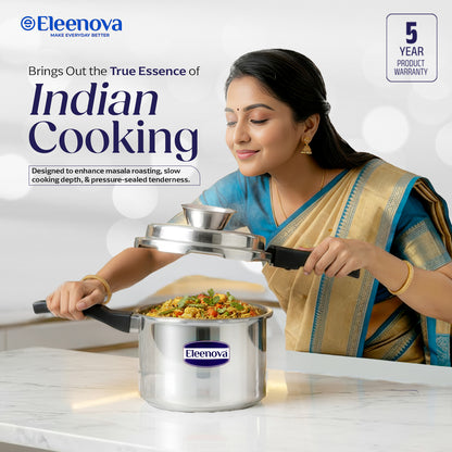 Eleenova Stainless Steel Pressure Cooker 3 L | World's First Pressure Cooker with Spill Bowl- Patent Applied | 5 Year Warranty | ISI Certified | High Quality Stainless Steel | Metallic Safety Plug | Food Safe Nitrile Gasket | Serves 3-4 People