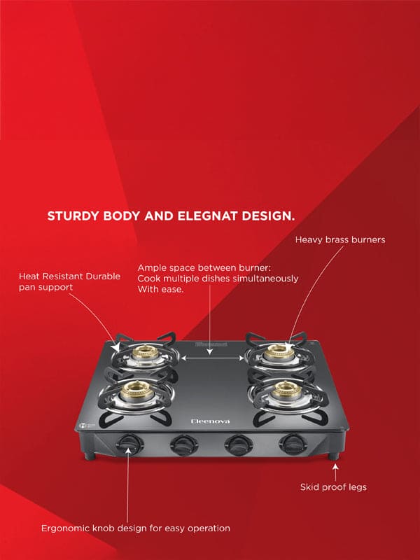 Reflex Glasstop Gas Stove With 4 Brass Burners