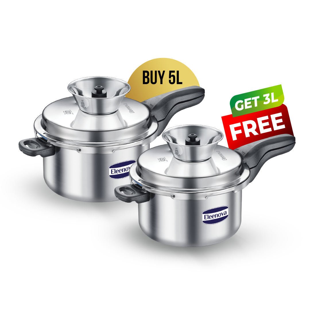 Eleenova Anti-Spill Stainless Steel Pressure Cooker Combo (Buy 5L Get 3L Free) Launch Offer | Premium Quality | 5-Year Warranty