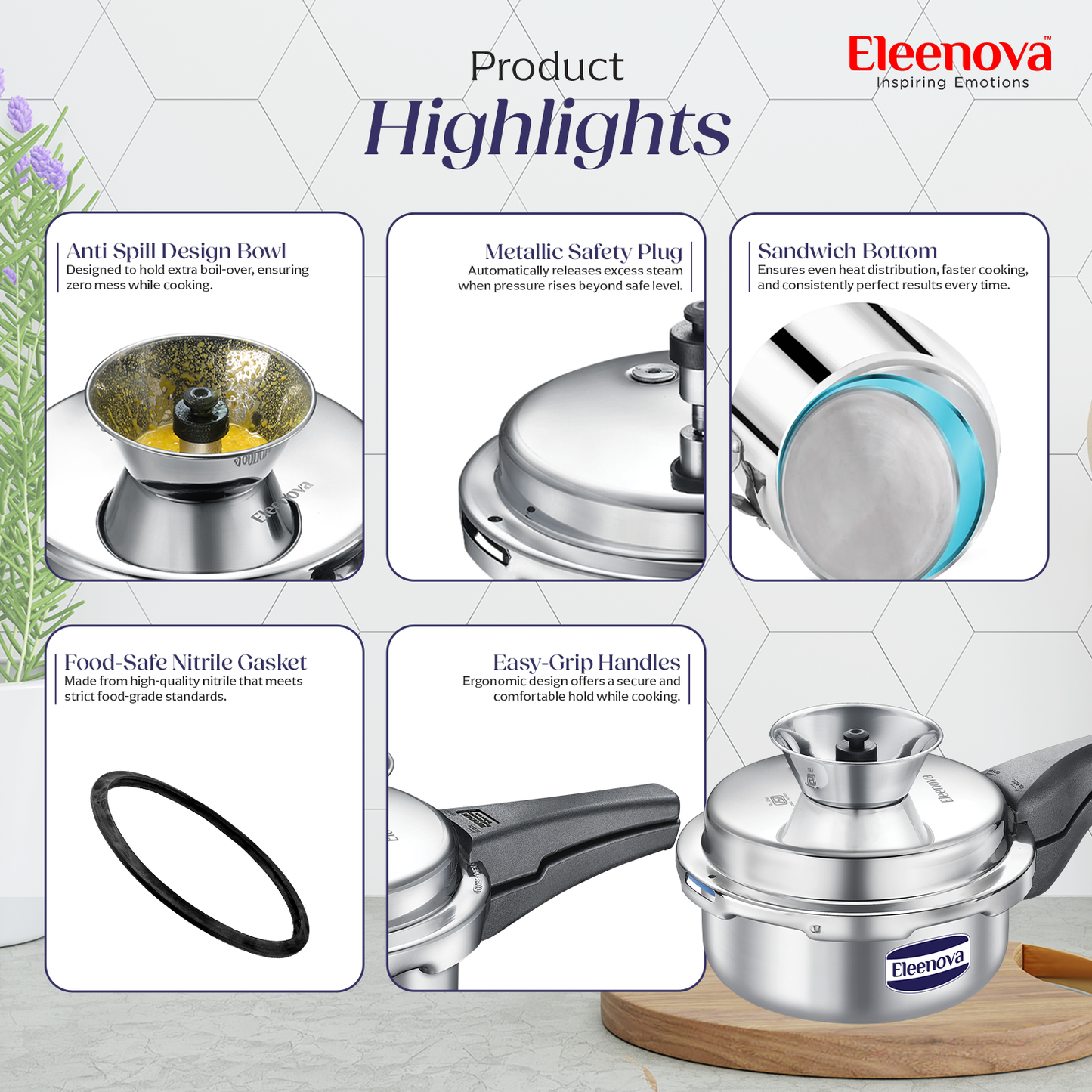 Eleenova Triply Pressure Cooker 2 L | World's First Pressure Cooker with Spill Bowl -Patent Applied | 5 Year Warranty | ISI Certified | Tri Ply Stainless Steel Body | Metallic Safety Plug | Food Safe Nitrile Gasket | Serves 2-3 People