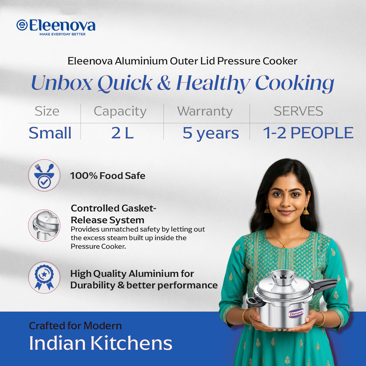 Eleenova Vintage Aluminium Pressure Cooker 2 L|World First Pressure Cooker with Spill Bowl - Patent Applied| Gas Stove Compatiable | 5 Year Warranty | Superior Quality Aluminium | ISI Certified | Food Safe Nitrile Gasket | Outer Lid -Alu 2 L